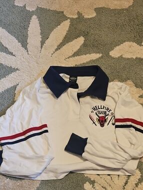 Netflix White Polo Sweatshirt with Navy Collar and Red Stripes
